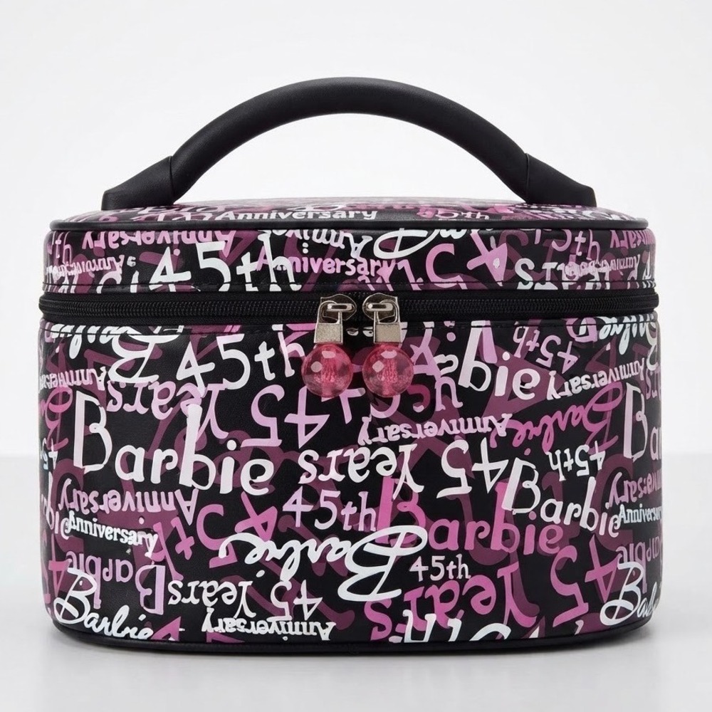 Barbie 45th Anniversary Makeup Bag Black Pink Logo Vanity Case Top Handle 2004